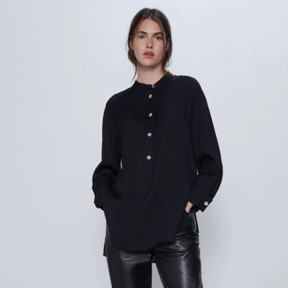 ‼️SOLD‼️NWT Zara Black Mandarin Collar Tunic Blouse Split Hem She’ll Buttons XS